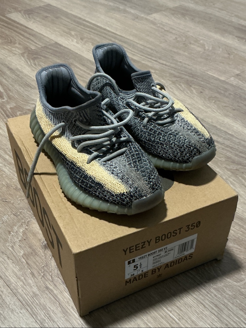 Yeezy Kids Sneakers in Gray with Cream Stripe